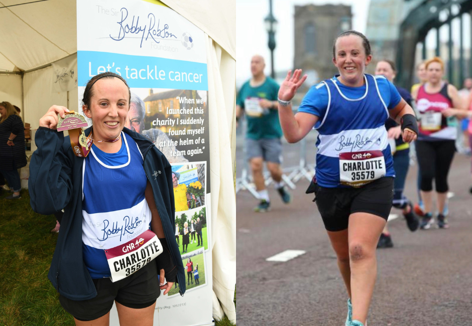 2 images side by side of a girl who during and after a marathon. She wears her number badge waving and holding up her medal.