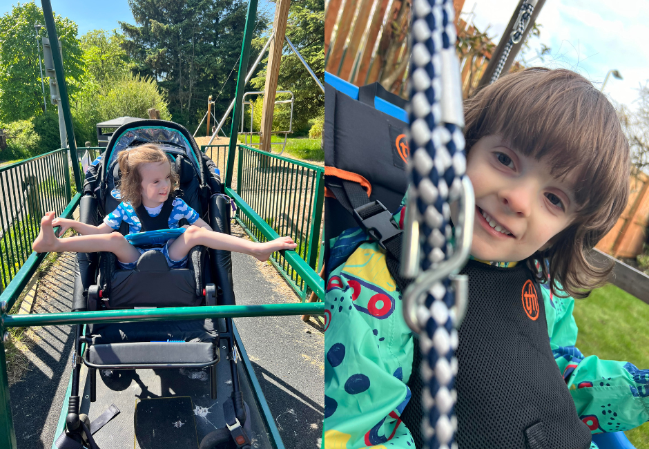 2 images side by side. Each of a young boy with growing hair. In one he sits in an accessibility wheelchair swing. He has his legs outstretched to either side on the railing of the equipment. The other image is a close up of his face with a happy smile on his face.
