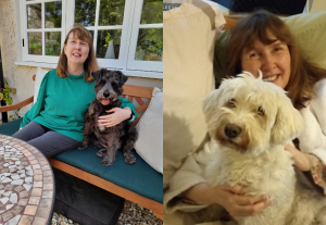 Two images side by side of Karen and a dog. One indoors and one outdoors