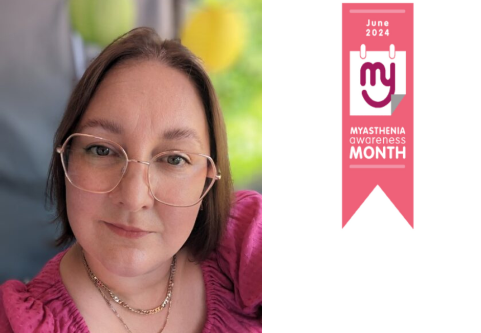 Headshot of Lois. A woman with shoulder length, straight hair and thin rimmed glasses. A Myasthenia awareness month digital ribbon badge sits to the side of the image