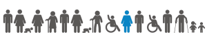 Different silhouettes of people of different age and genders. 1 of the 17 icons is highlighted blue