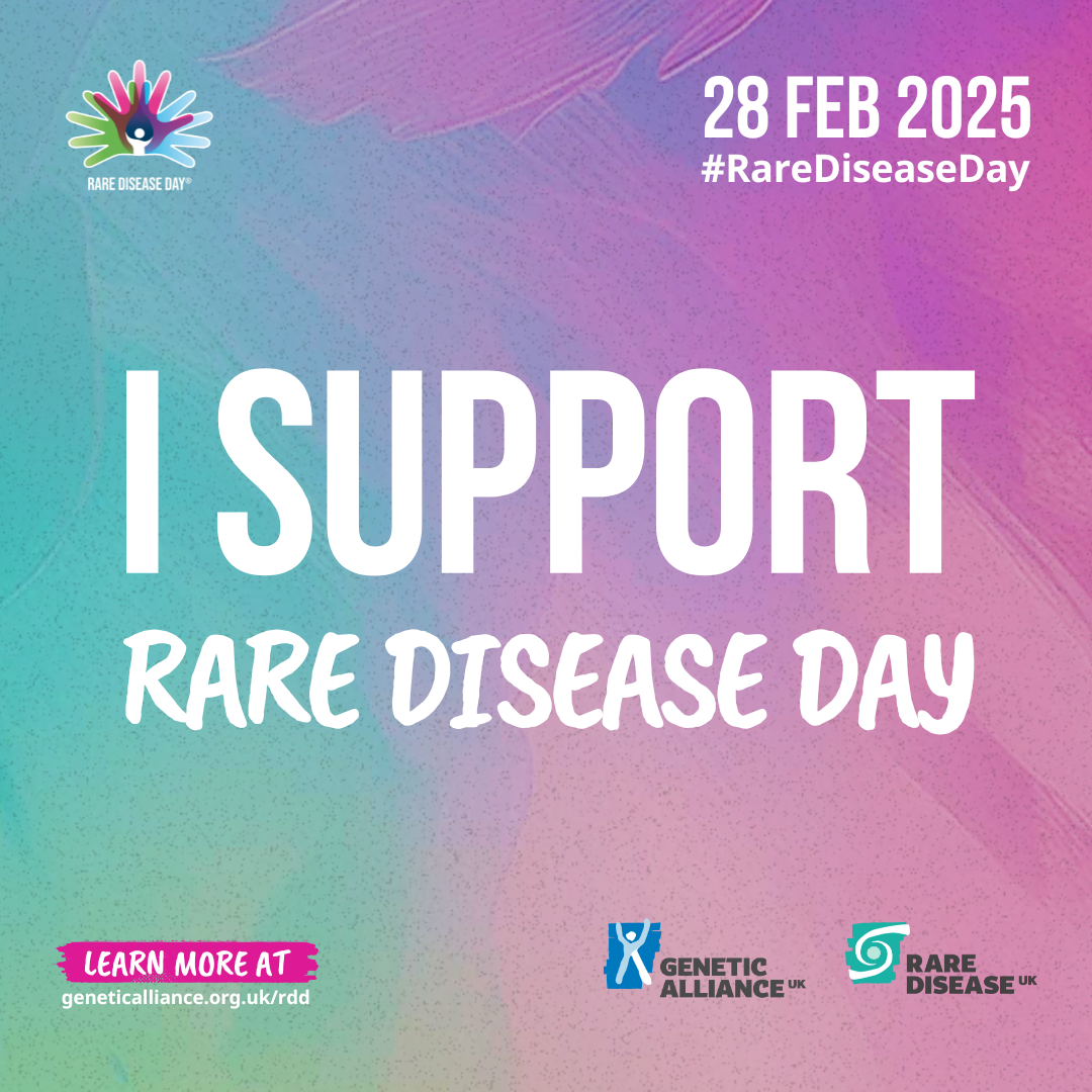 Infographic that read I support Rare Disease Day. Genetic Alliance UK and Rare Disease UK logos sit underneath with a web URL for more information