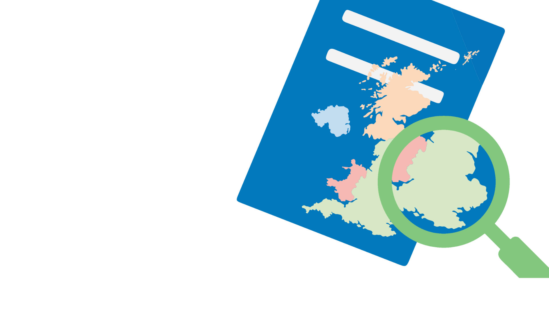 illustration of a document with the UK on it. A magnifying glass zooms in on England