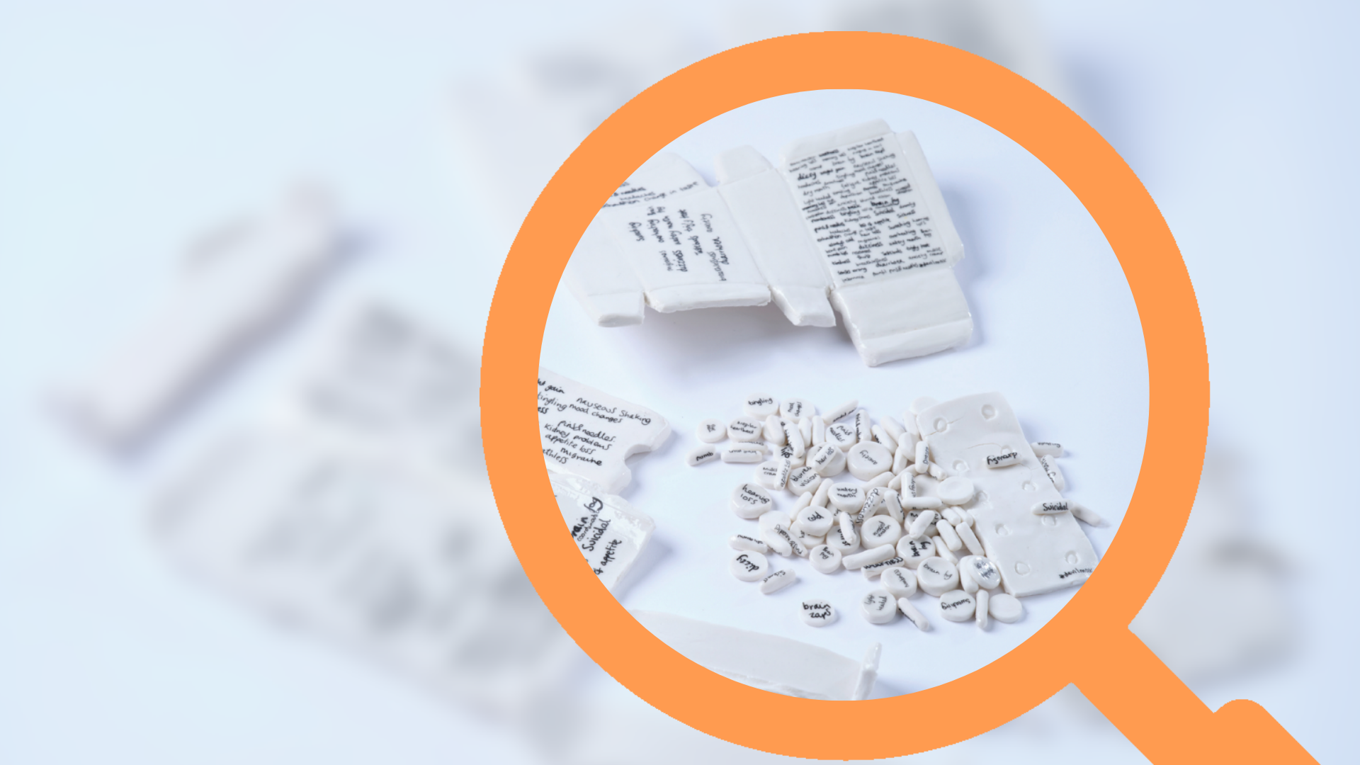 A blurred image of the pages of Genetic Alliance UK's Rare Disease Day report, with a sneak peek at a page in a magnifying glass illustration