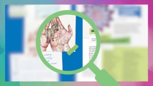 A blurred image of the pages of Genetic Alliance UK's anthology for rare conditions, with a sneak peek at a page in a magnifying glass illustration