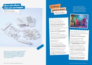 double page spread of Genetic Alliance UK's anthology featuring a ceramic sculpture and song lyrics